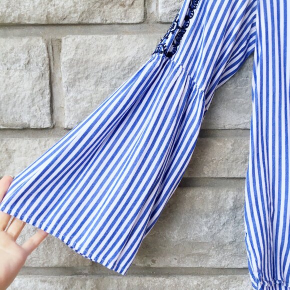Loft Blue and White Pinstripe Flounce Sleeve Blouse - Picture 4 of 7